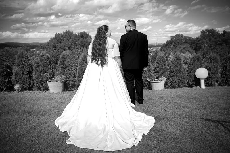 Mladenci ruku pod ruku u parku, crno-bela fotografija venčanja u Beču