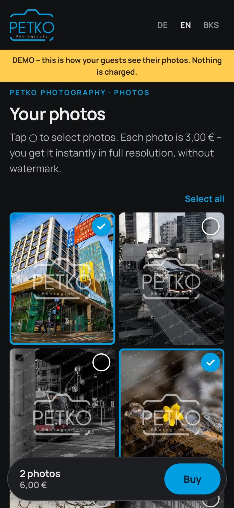Phone showing the Live photo page: watermarked Vienna photos, two selected, “2 photos · €6.00 – Buy” at the bottom
