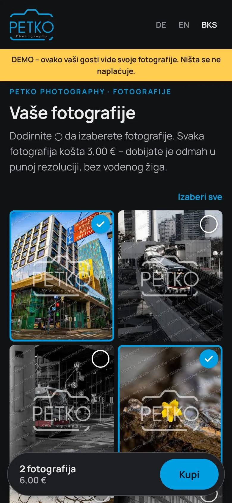 Telefon sa Live stranicom: fotografije Beča sa vodenim žigom, dve izabrane, dole „2 fotografije · 6,00 € – Kupi“
